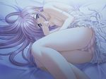  artist_request bed bed_sheet blue_eyes breasts game_cg konoe_nanami lamune lingerie lying medium_breasts nipples panties purple_hair red_panties solo striped striped_panties underwear 