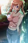  alto arms_behind_back artist_request blue_eyes blush breasts brown_hair bush dappled_sunlight day large_breasts long_hair midriff navel outdoors pants solo source_request sunlight tachibana_megumi tank_top tree twintails under_tree 