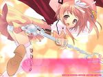  akihime_sumomo blush boots brown_eyes brown_hair dress game_cg itou_noiji long_sleeves looking_back magical_girl nanatsuiro_drops panties pantyshot pink_legwear solo thigh_boots thighhighs underwear upskirt white_panties 