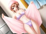  asou_suzune bra brown_hair dutch_angle floralia game_cg lingerie masaharu open_towel panties purple_bra purple_panties red_eyes solo standing thigh_gap towel ui-chan_no_niizuma_diary underwear underwear_only 