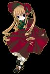  black_background blonde_hair blue_eyes bonnet bow bowtie dress flower frills full_body long_hair long_sleeves looking_at_viewer mary_janes namori red_dress rose rozen_maiden shinku shoes sidelocks simple_background solo standing twintails 