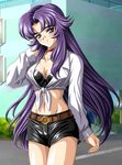  artist_request belt building character_request choker copyright_request game_cg long_hair long_sleeves lowres midriff navel purple_hair shirt shorts solo source_request 