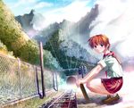  artist_request chain-link_fence copyright_request fence giantess power_lines railroad_tracks red_hair school_uniform serafuku short_hair solo squatting third-party_edit tunnel 