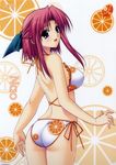  ass bikini breasts food food_themed_clothes from_behind fruit hair_ribbon large_breasts looking_back morisaki_nao navel_(company) official_art orange orange_(color) orange_slice pink_hair purple_eyes ribbon short_hair side-tie_bikini solo soul_link suzuhira_hiro swimsuit 