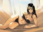  beach bikini black_hair breasts day large_breasts long_hair lying michael on_side one_eye_closed original red_eyes solo swimsuit wet 