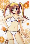  bikini blonde_hair blue_eyes flat_chest food food_themed_clothes fruit hand_on_hip long_hair navel_(company) nitta_aki official_art one_eye_closed orange orange_(color) orange_slice ribbon side-tie_bikini solo soul_link suzuhira_hiro swimsuit thigh_strap twintails 