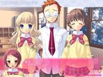  3girls ^_^ amamori_yayoi bangs blonde_hair blue_eyes blush braid brown_hair closed_eyes collared_shirt crossed_arms desk french_braid fukamichi_nobuko game_cg glasses hair_ornament hairclip indoors itou_noiji koiwai_flora locker long_sleeves multiple_girls nanatsuiro_drops necktie nose_blush plant sakuraba_keisuke school school_desk school_uniform shirt short_hair standing swept_bangs tree window 