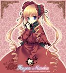  blonde_hair blue_eyes bonnet bow capelet dress drill_hair flower long_hair long_sleeves red_capelet red_dress ribbon rose rozen_maiden shinku solo tatekawa_mako wnb_mark 