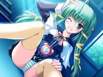  aihara_ten alarm_clock alternate_hair_color analog_clock blouse clock dutch_angle fallen_down game_cg green_eyes green_hair green_panties hair_ribbon long_hair long_sleeves miniskirt panties poyopuyosan ribbon sitting skirt solo striped striped_panties tenmusu!?_~tonikaku_yoku_korobu_dojikko-tachi~ thighhighs tress_ribbon underwear wince yellow_legwear 