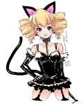  animal_ears black_dress black_gloves black_legwear cat_ears copyright_request cropped_legs dress drill_hair earrings elbow_gloves eyebrows_visible_through_hair fur_trim garter_straps gloves hand_on_hip jewelry looking_at_viewer oekaki onija_tarou simple_background smile solo spaghetti_strap thighhighs white_background 