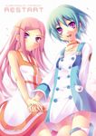  anemone_(eureka_seven) blue_hair eureka eureka_seven eureka_seven_(series) hair_ornament hairclip holding_hands komi_zumiko long_hair multiple_girls panties pantyshot pantyshot_(standing) purple_eyes red_hair short_hair standing thigh_gap thigh_strap underwear white_panties 