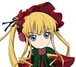  blonde_hair blue_eyes bonnet bow bowtie close-up closed_mouth dress face flower ixy long_hair red_dress rose rozen_maiden serious shinku sidelocks simple_background solo white_background 