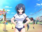  artist_request balloon blue_eyes blue_hair breasts buruma cloud copyright_request day flag flags_of_all_nations gym_uniform hands_on_hips large_breasts long_hair sky solo sports_festival string_of_flags tachi-e 