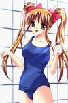  artist_request brown_hair copyright_request happy long_hair one-piece_swimsuit school_swimsuit solo swimsuit twintails 