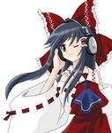  artist_request black_eyes detached_sleeves grey_hair hakurei_reimu hand_on_ear headphones huge_bow long_hair long_sleeves one_eye_closed simple_background solo touhou wind 