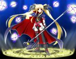  artist_request bardiche blonde_hair boots cape fate_testarossa gloves long_hair lyrical_nanoha mahou_shoujo_lyrical_nanoha red_eyes solo thighhighs twintails very_long_hair 