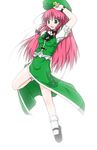  bare_legs bloom bow braid chinese_clothes collared_shirt etogami_kazuya full_body green_eyes hair_bow hong_meiling jumping long_hair open_mouth red_hair shirt shoes short_sleeves side_slit simple_background socks solo star tangzhuang touhou twin_braids white_background 