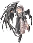  black_wings boots cross cross-laced_footwear from_above kurokoeda lace-up_boots long_hair long_sleeves looking_at_viewer red_eyes rozen_maiden silver_hair solo suigintou wings 