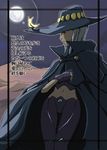  artist_request bird black_cape black_hat cape fingerless_gloves gloves grey_hair hat looking_to_the_side midriff miyu_greer moon mountain my-otome navel night night_sky outdoors purple_gloves red_eyes sky solo standing translation_request witch_hat 