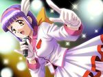  blazer bow dutch_angle game_cg gloves hair_bow hair_ornament hairband idol jacket long_hair long_sleeves meshimase_idol microphone music orange_eyes pinky_out pointing purple_hair shadow_(artist) singing skirt solo sparkle tsukikusa_megumi white_gloves 