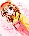  apron brown_hair hairband kanna_(plum) kanon open_mouth pink_apron red_eyes smile solo tsukimiya_ayu 
