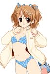  :o bikini blue_bikini blue_ribbon blush breasts brown_eyes brown_hair clenched_hands flag_print floral_print hair_ornament hair_ribbon hairclip jacket kusaka_souji leg_up long_sleeves looking_at_viewer navel open_clothes open_jacket outline print_bikini ribbon shoes simple_background sister_princess sleeves_past_wrists small_breasts sneakers socks solo swimsuit two_side_up union_jack unzipped white_background white_legwear yotsuba_(sister_princess) 