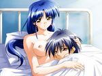  1girl afterglow bed bed_sheet between_breasts black_hair blue_hair blush breasts character_request couple cuddling earrings game_cg hand_on_another's_head happy_sex hetero hikari_wo... hospital_bed hug jewelry large_breasts long_hair naked_sheet nipples nude pillow satou_jun_(artist) smile yellow_eyes 