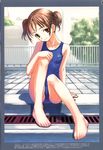  artbook barefoot brown_hair collarbone day feet foreshortening greek_toe hand_on_own_knee matsuryuu one-piece_swimsuit original outdoors petite pool poolside red_eyes scan school_swimsuit short_twintails sitting smile solo swimsuit toes twintails 