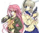  clannad crossover gun h&amp;k_vp70 handgun heckler_&amp;_koch hikarizaka_private_high_school_uniform long_sleeves multiple_girls pistol sakagami_tomoyo school_uniform shakugan_no_shana shana shoulder_stock sword toshi_(little-fluffy-cloud) weapon 