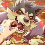  &lt;3 black_sclera blush candy canid canine canis chain chocolate disembodied_hand domestic_dog feeding food fur garmr holidays human male mammal multicolored_fur nikunabe1989 open_mouth tokyo_afterschool_summoners tongue two_tone_fur valentine&#039;s_day video_games 