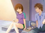  1girl angry bangs brown_eyes brown_hair buttons door dress_shirt earrings eye_contact food frown game_cg holding hoshino_wataru jewelry kono_aozora_ni_yakusoku_wo looking_at_another nekonyan obentou onigiri pants sawaki_rinna shadow shirt short_hair short_shorts shorts sitting spiked_hair t-shirt thermos tile_floor tiles unbuttoned 