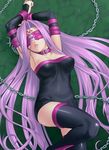  armpits arms_up black_legwear blindfold chain collar dress facing_viewer fate/stay_night fate_(series) lips long_hair nameless_dagger parted_lips purple_blindfold purple_hair rider solo strapless strapless_dress thighhighs very_long_hair zen 