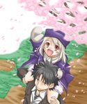  1girl :d arm_up artist_request black_eyes black_hair blush_stickers carrying cherry_blossoms coat dress emiya_kiritsugu facial_hair fate/stay_night fate_(series) father_and_daughter formal hat illyasviel_von_einzbern long_hair mittens necktie open_mouth purple_hat red_eyes scarf shoulder_carry smile stubble white_hair 