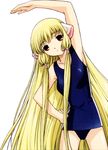  blonde_hair brown_eyes chii chobits highres kimura_masahiro long_hair one-piece_swimsuit school_swimsuit simple_background solo swimsuit white_background 