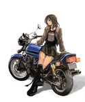  black_eyes boots brown_hair character_request clothes_writing contemporary copyright_request crossed_legs ground_vehicle jacket leaning_back long_sleeves motor_vehicle motorcycle shihira_tatsuya shirt sitting skirt smile solo 