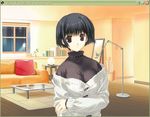  :3 asou_asuna black_hair book brown_eyes bucket coat game_cg indoors lamp long_sleeves looking_at_viewer mirror mitsumi_misato off_shoulder pillow plant scroll shelf short_hair solo sweater table tenshi_no_inai_12-gatsu turtleneck vase window winter_clothes winter_coat wooden_floor 