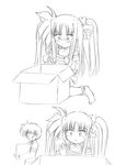  1girl anklet blush box cardboard_box chrono_harlaown fate_testarossa greyscale jewelry long_hair lyrical_nanoha mahou_shoujo_lyrical_nanoha mahou_shoujo_lyrical_nanoha_a's monochrome no_nose panties shirt sketch striped striped_shirt thong torikaebaya_mirin twintails underwear 