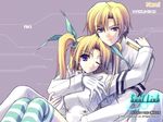  1girl blonde_hair blue_eyes hug incest long_hair long_sleeves nitta_aki nitta_kazuhiko one_eye_closed soul_link striped striped_legwear suzuhira_hiro thighhighs twintails wallpaper 