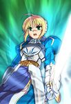  armor armored_dress artoria_pendragon_(all) blonde_hair dress excalibur fate/stay_night fate_(series) g-tetsu glowing glowing_sword glowing_weapon green_eyes long_sleeves puffy_sleeves saber solo sword weapon 