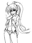  dress_shirt frapowa frilled_panties frills greyscale high_ponytail lace lace-trimmed_panties long_hair long_sleeves lyrical_nanoha mahou_shoujo_lyrical_nanoha mahou_shoujo_lyrical_nanoha_a's monochrome navel no_bra no_pants open_clothes open_shirt panties ponytail shirt side-tie_panties signum solo standing underwear 