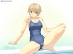  blonde_hair hair_ornament hairclip highres miyatsuki_itsuka one-piece_swimsuit original pool poolside red_eyes school_swimsuit sitting solo spread_legs swimsuit 