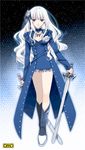  blue_eyes dual_wielding holding kirino_kasumu long_hair long_sleeves omc original silver_hair solo sword wavy_hair weapon white_hair 