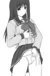  greyscale kurusugawa_serika long_sleeves monochrome panties panty_pull school_uniform shichimenchou side-tie_panties skirt skirt_lift solo to_heart underwear 