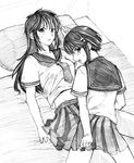  :o embarrassed greyscale hair_ornament hairclip kurogane_otome long_hair looking_at_viewer lying monochrome multiple_girls navel on_back parted_lips pleated_skirt sailor_collar school_uniform serafuku short_hair short_sleeves skirt sweatdrop tetsu_(kimuchi) tsuyokiss very_long_hair yashi_nagomi yuri 