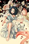  2girls alice_(wonderland) alice_in_wonderland artist_request barefoot bird black_hair blue_eyes card cheshire_cat feet flamingo floating_card hat mad_hatter multiple_girls petals pocket_watch queen_of_hearts tea top_hat watch white_rabbit 