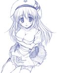 arin beret breasts cleavage graphite_(medium) hat large_breasts luna_lia monochrome pangya sketch solo thighhighs traditional_media 