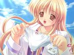  angel_crown blonde_hair bow bow_panties brown_eyes day game_cg holding holding_panties long_hair long_sleeves mole mole_under_eye panties solo underwear white_panties yoshimura_kentaro 