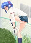  ass black_legwear blue_eyes blue_hair blush day fence hair_ribbon kneehighs leg_lift long_sleeves looking_at_viewer looking_back makochin miniskirt original outdoors panties panty_pull plaid plaid_skirt pleated_skirt ponytail ribbon school_uniform shirt shoes skirt socks solo standing underwear undressing white_panties window 