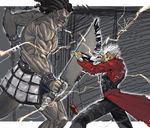  archer battle berserker clash dark_skin dark_skinned_male duel fate/stay_night fate_(series) kanshou_&amp;_bakuya long_sleeves male_focus multiple_boys shirtless sword tetsu_(kimuchi) weapon 