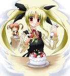  aoi_wakusei blonde_hair brown_hair cake fate_testarossa food fruit holding holding_food holding_fruit long_hair long_sleeves lyrical_nanoha mahou_shoujo_lyrical_nanoha multiple_girls o_o pastry pastry_bag red_eyes strawberry takamachi_nanoha twintails 